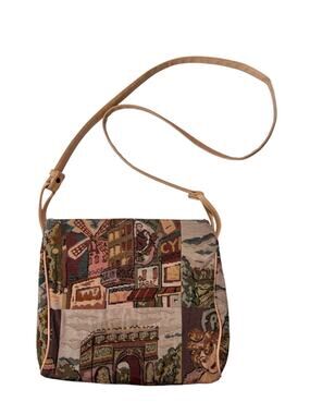 French Theme Tapestry Purse Shoulder Bag Zipper Closure Multicolor Eiffel France